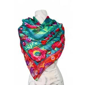 Vintage Silk Scarf Floral Pattern Vibrant Red Green Purple